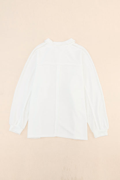 Plus Size Long Sleeve Flap Pocket Henley Top | White