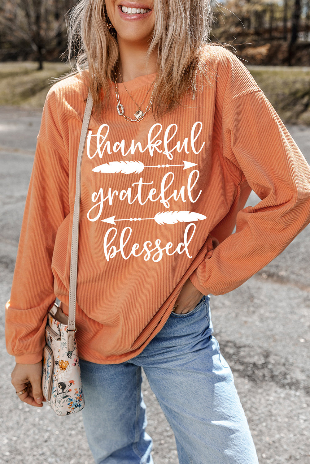 Thankful Grateful Blessed Arrow Graphic Corded Sweatshirt | Orange