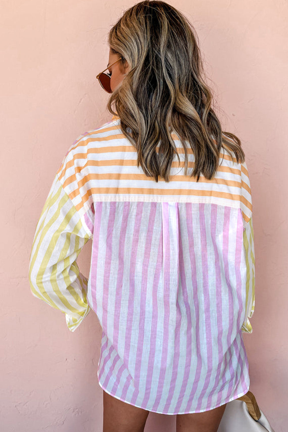 Contrast Collar Long Sleeve Patchwork Shirt | Pink Stripe