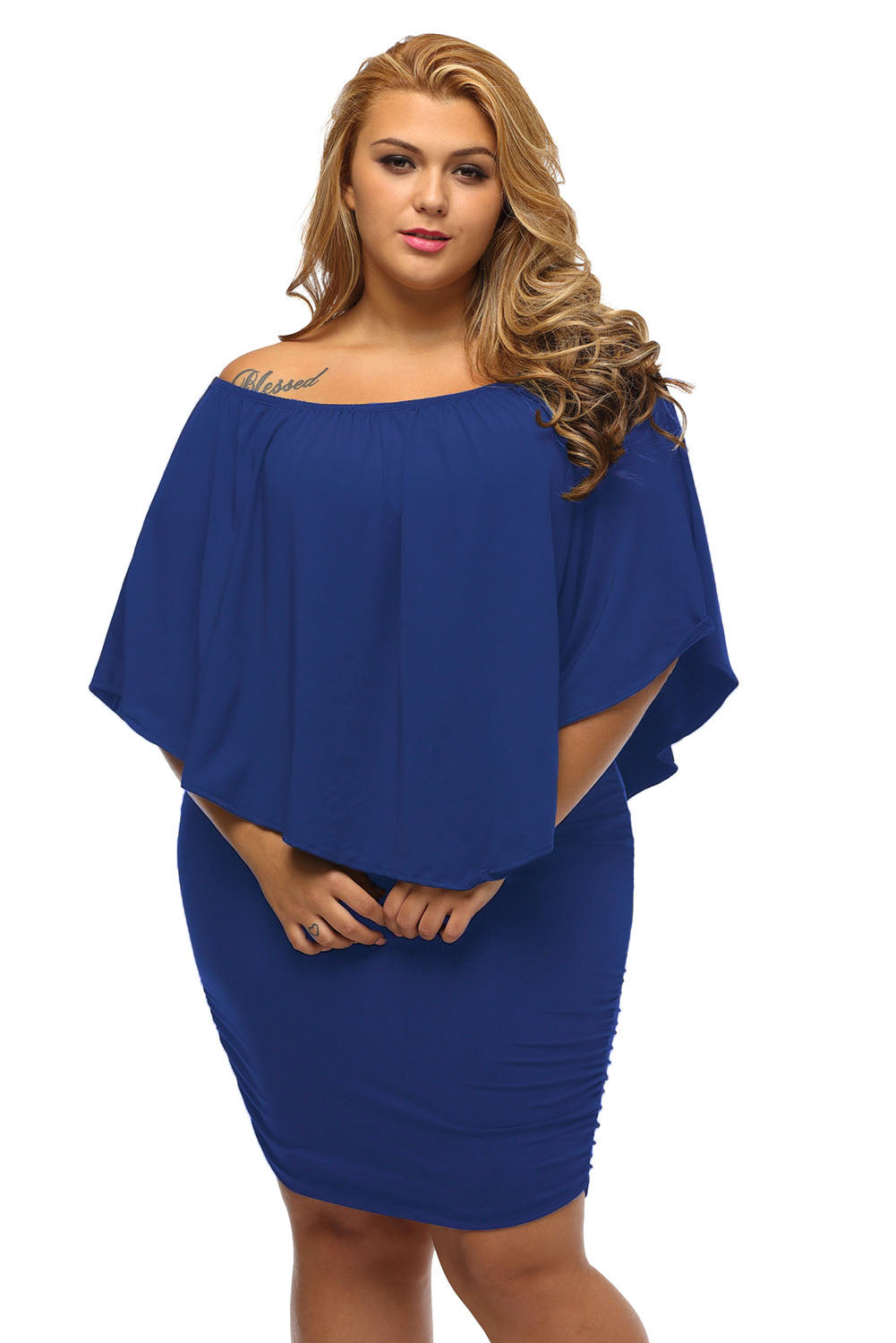 Plus Size Dressing Layered Blue Mini Poncho Dress | as shown