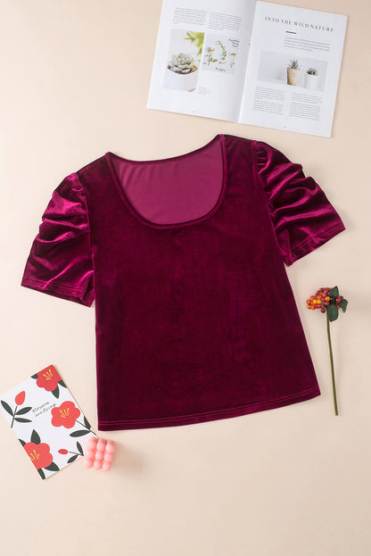 Velvet Bubble Sleeve U Neck Plus Size Top | Burgundy