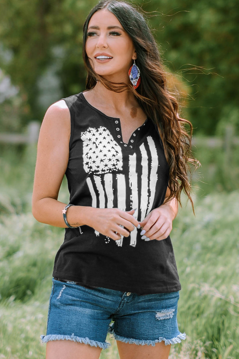 Usa Flag Graphic Split V Neck Tank Top | Black