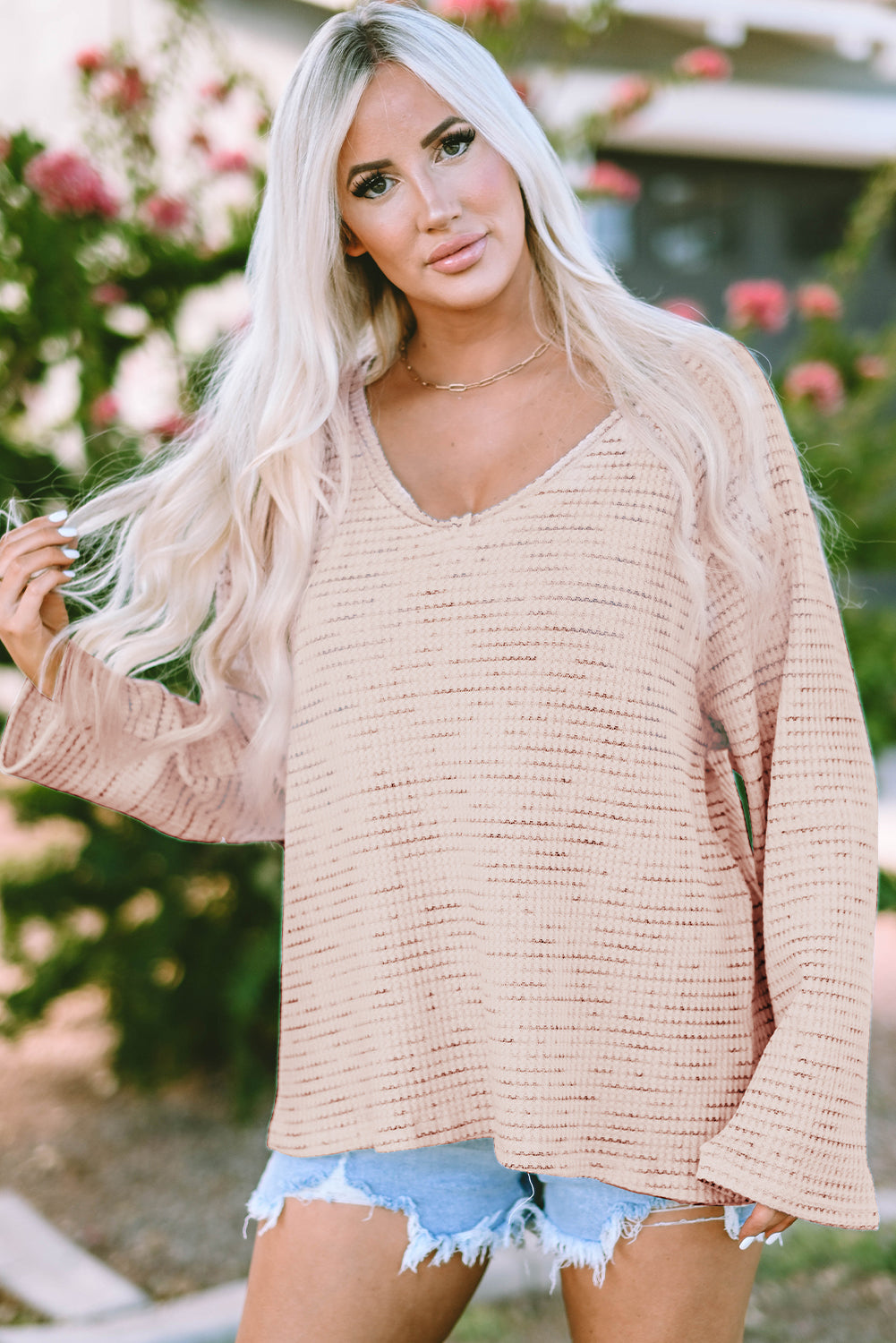 Waffled Knit Long Sleeve V-Neck Frayed Top | Pink