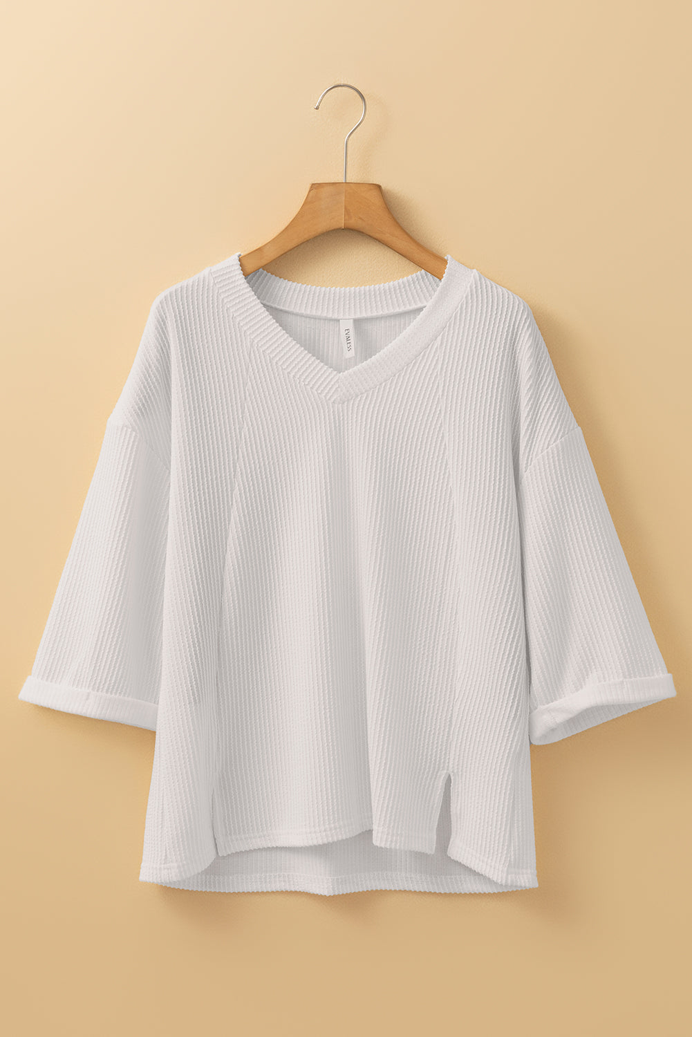 Solid Colour Corded Drop Shoulder 3/4 Sleeve V Neck Top | White