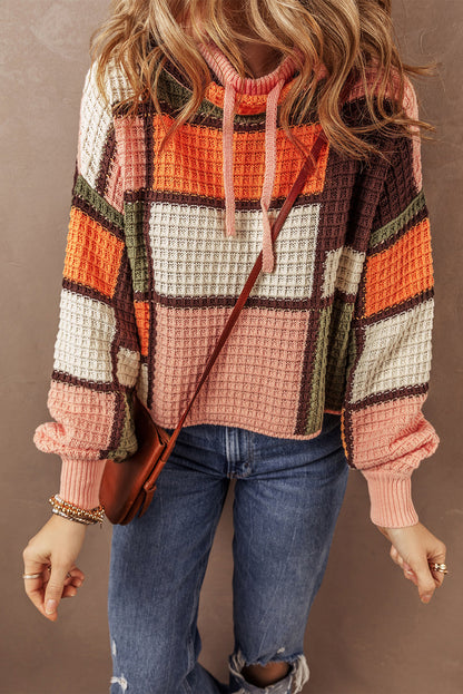 Colour Block Waffle Knit Drawstring Mock Neck Sweater | Orange