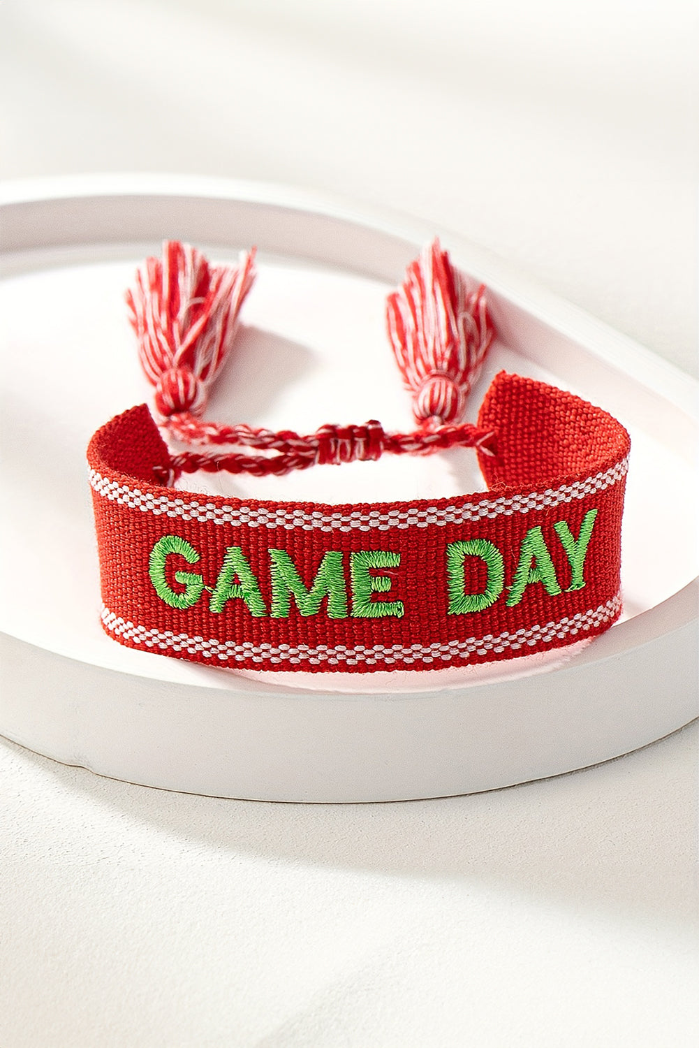 Fiery Red GAME DAY Embroidered Woven Tassel Decor Bracelet