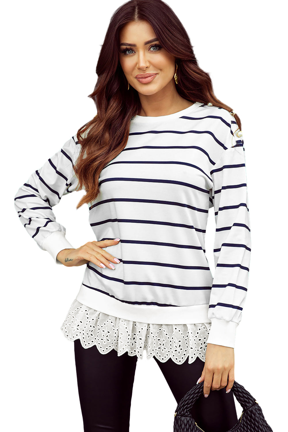 Striped Button Dropped Shoulder Lace Splicing Top | White