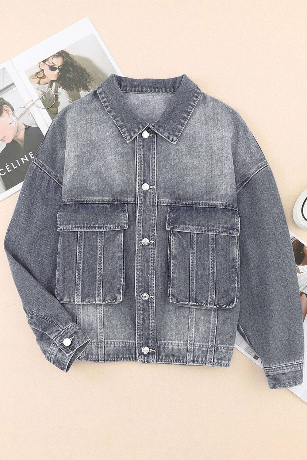 Chest Pockets Drop Shoulder Loose Denim Jacket | Gray