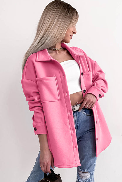 Solid Colour Pocketed Button Up Long Sleeve Shacket | Pink