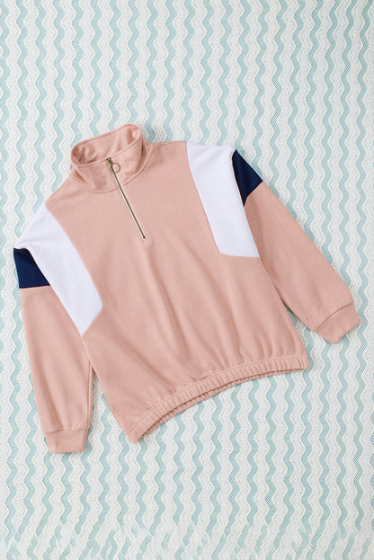 Colour Block Patch Bicep Quarter Zip Sweatshirt | Pink