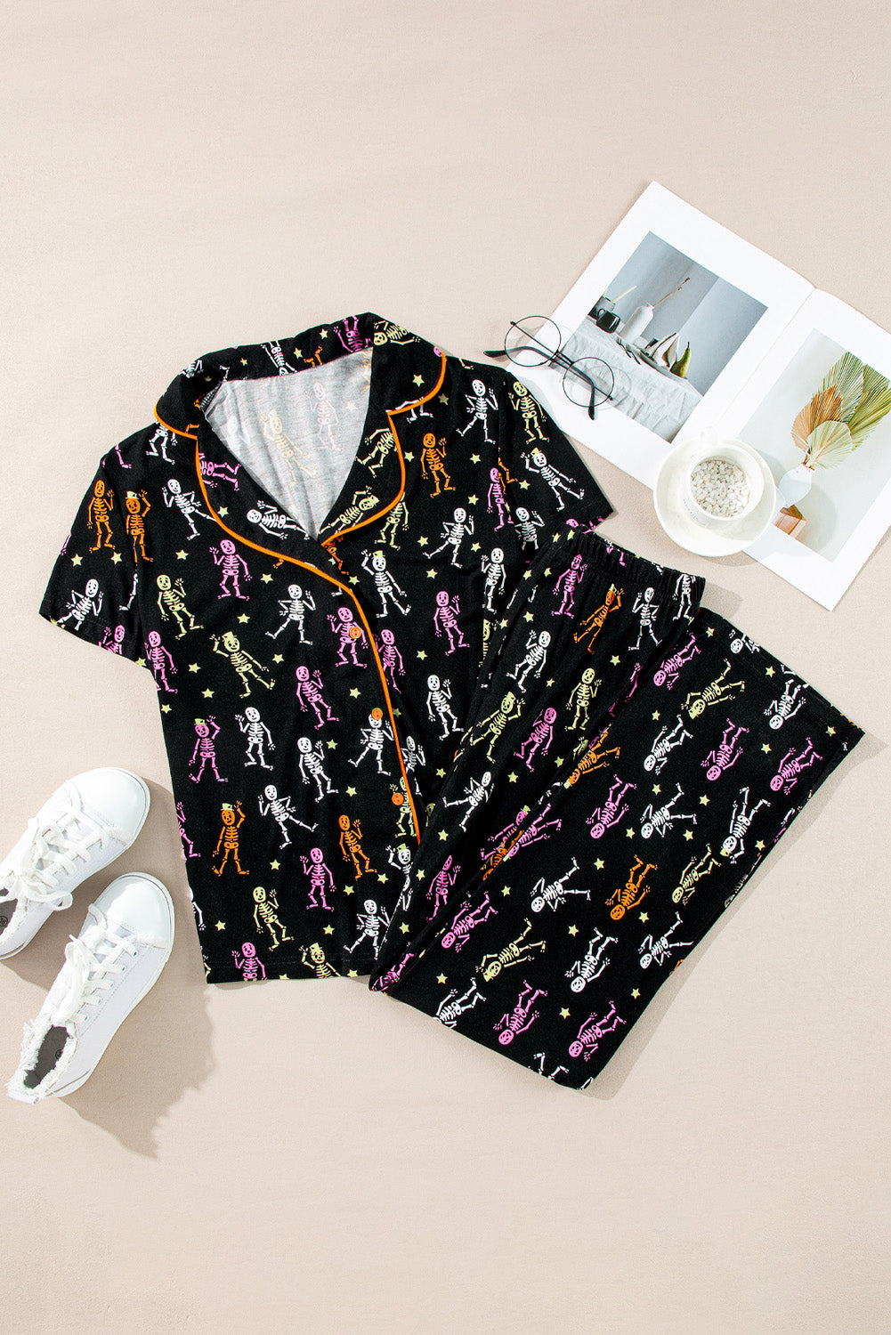 Halloween Pattern Short Sleeve Shirt Pajama Set | Black