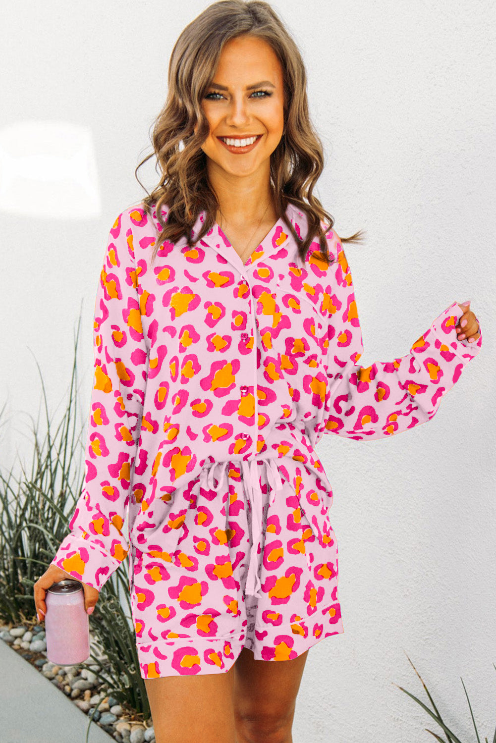 Leopard Print Long Sleeve Shirt And Shorts Pajama Set | Pink