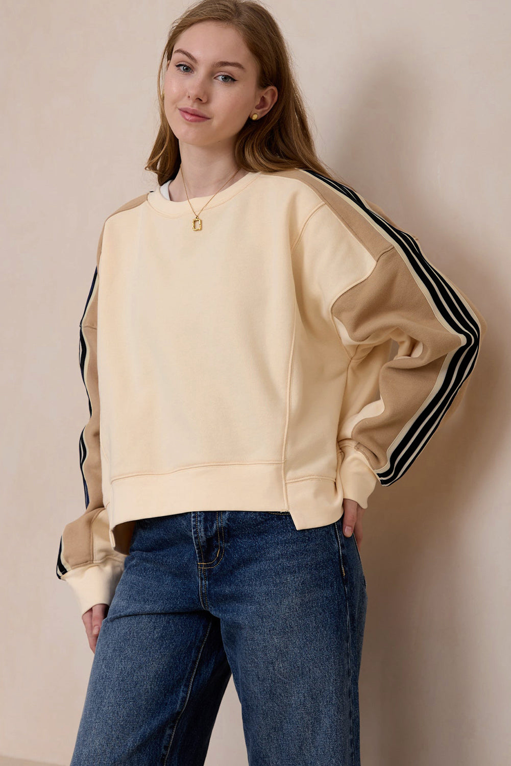 Contrast Striped Patchwork Drop Shoulder Loose Sweatshirt | Beige