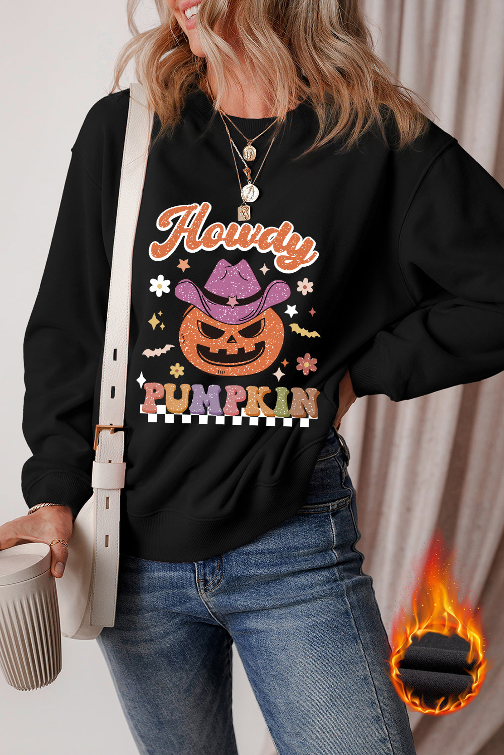 Halloween Howdy Pumpkin Print Crew Neck Pullover Sweatshirt | Black