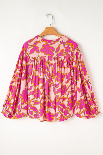 Floral Print Batwing Sleeve Buttoned Loose Fit Shirt | Pink