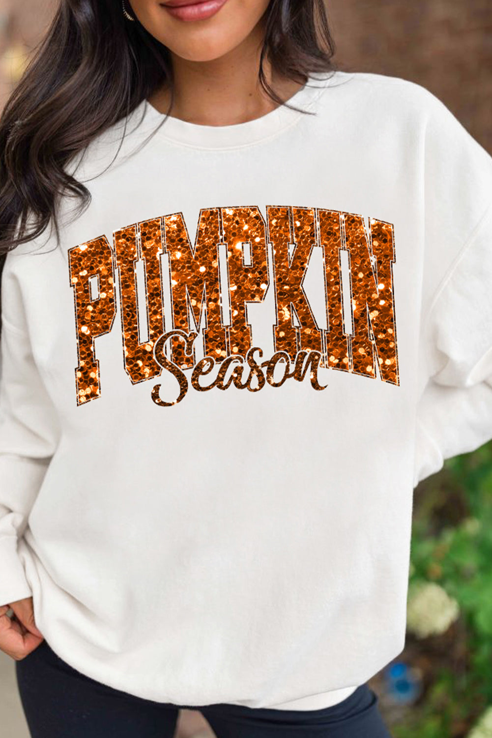 Heat-Transfer Pumpkin Season Printed Crewneck Thanksgiving Sweatshirt | Beige