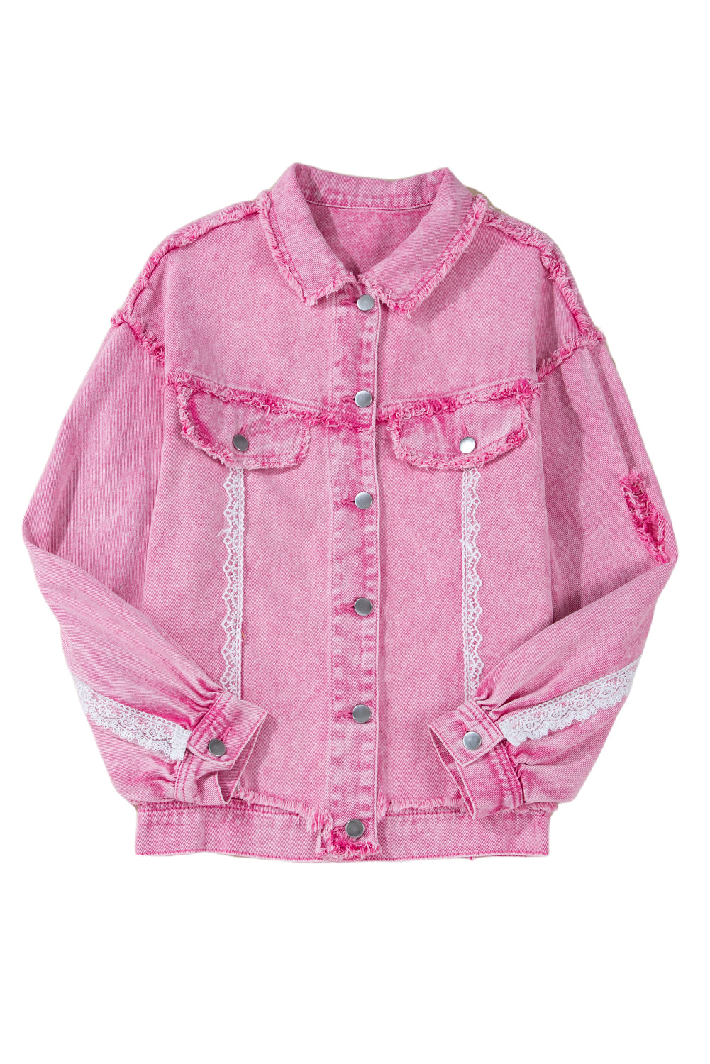 Lace Patchwork Distressed Buttoned Denim Jacket | Pink