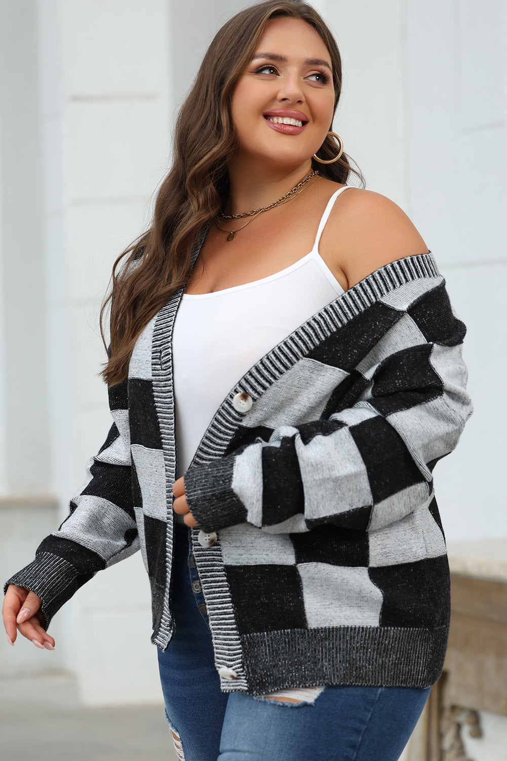 Checkered Drop Shoulder Buttoned V Neck Cardigan | Black