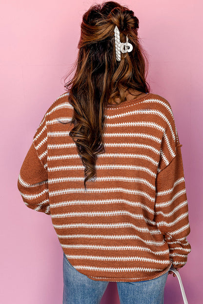 Drop Shoulder Casual Sweater | Brown Stripe