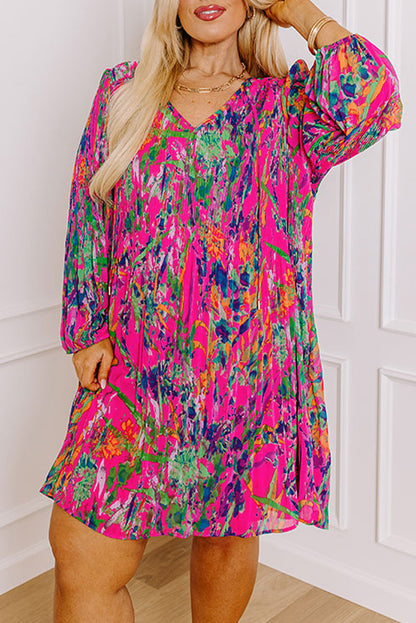 Plus Size Abstract Floral Print Pleated Loose Dress | Rose