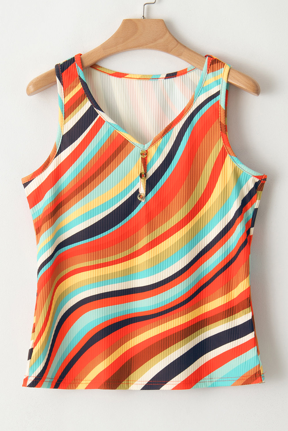 Wavy Striped Buttoned V Neck Tank Top | Multicolour