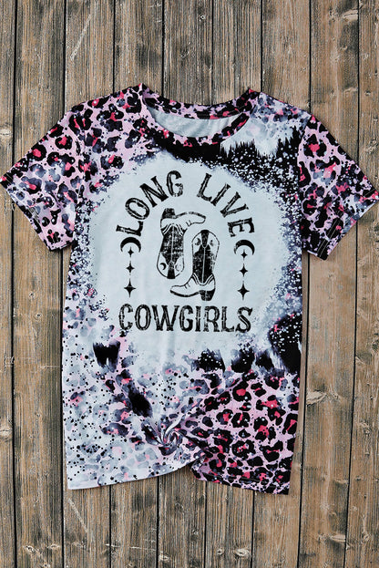 Cowgirls Boots Leopard Bleached Crew Neck T Shirt | Pink