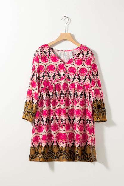 Retro Printed V Neck Bracelet Sleeve Dress | Strawberry Pink