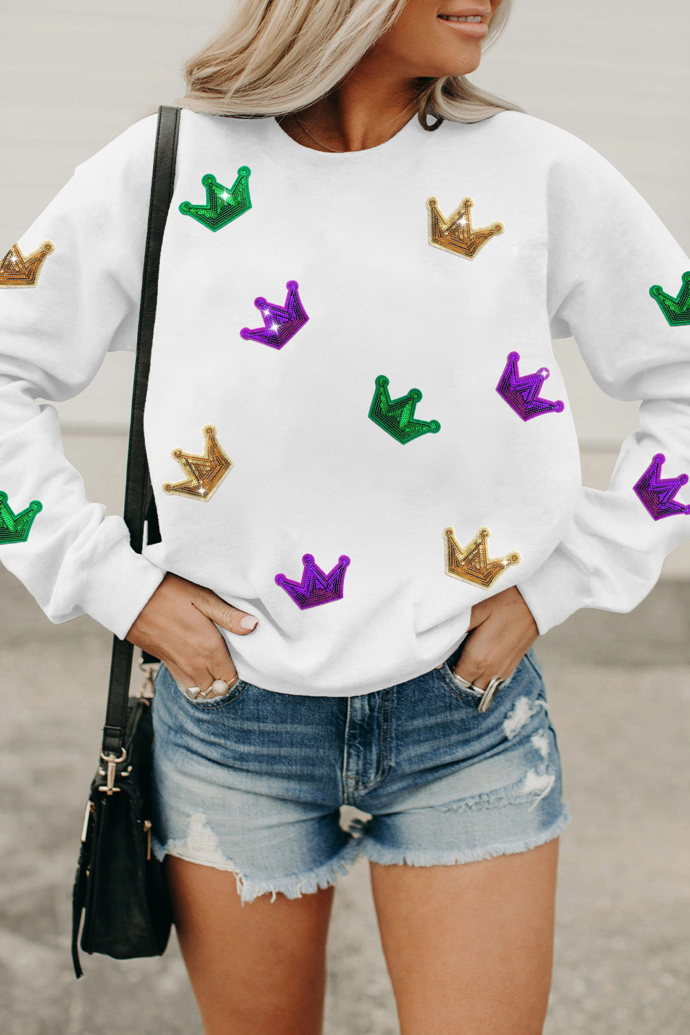 Mardi Gras Crown Sequined Patch Crew Neck Sweatshirt | White