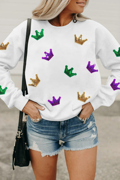 Mardi Gras Crown Sequined Patch Crew Neck Sweatshirt | White