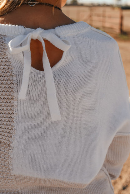 Mixed Pattern Knit Tie Keyhole Drop Shoulder Sweater | Oatmeal