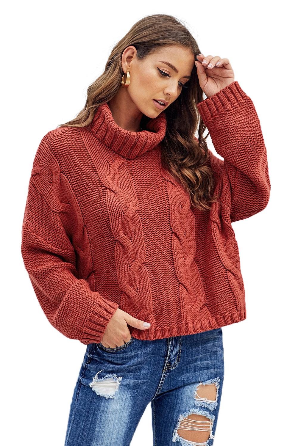 Fiery  Cuddle Weather Cable Knit Handmade Turtleneck Sweater | Red