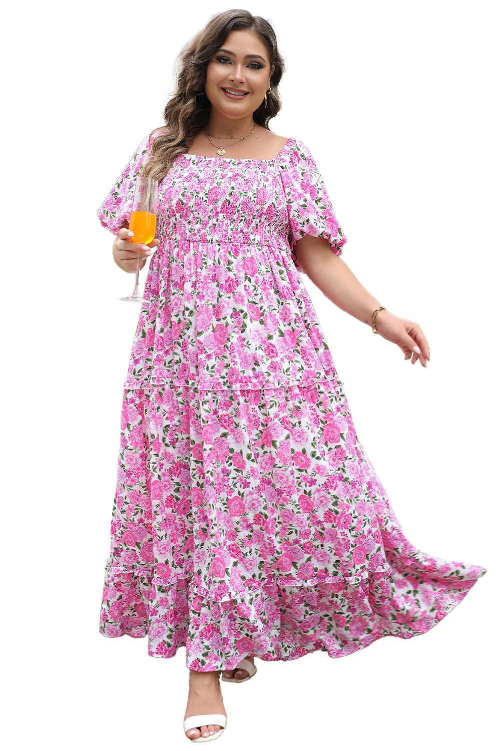 Plus Size Floral Print Smocked Puff Sleeve Dress | Pink