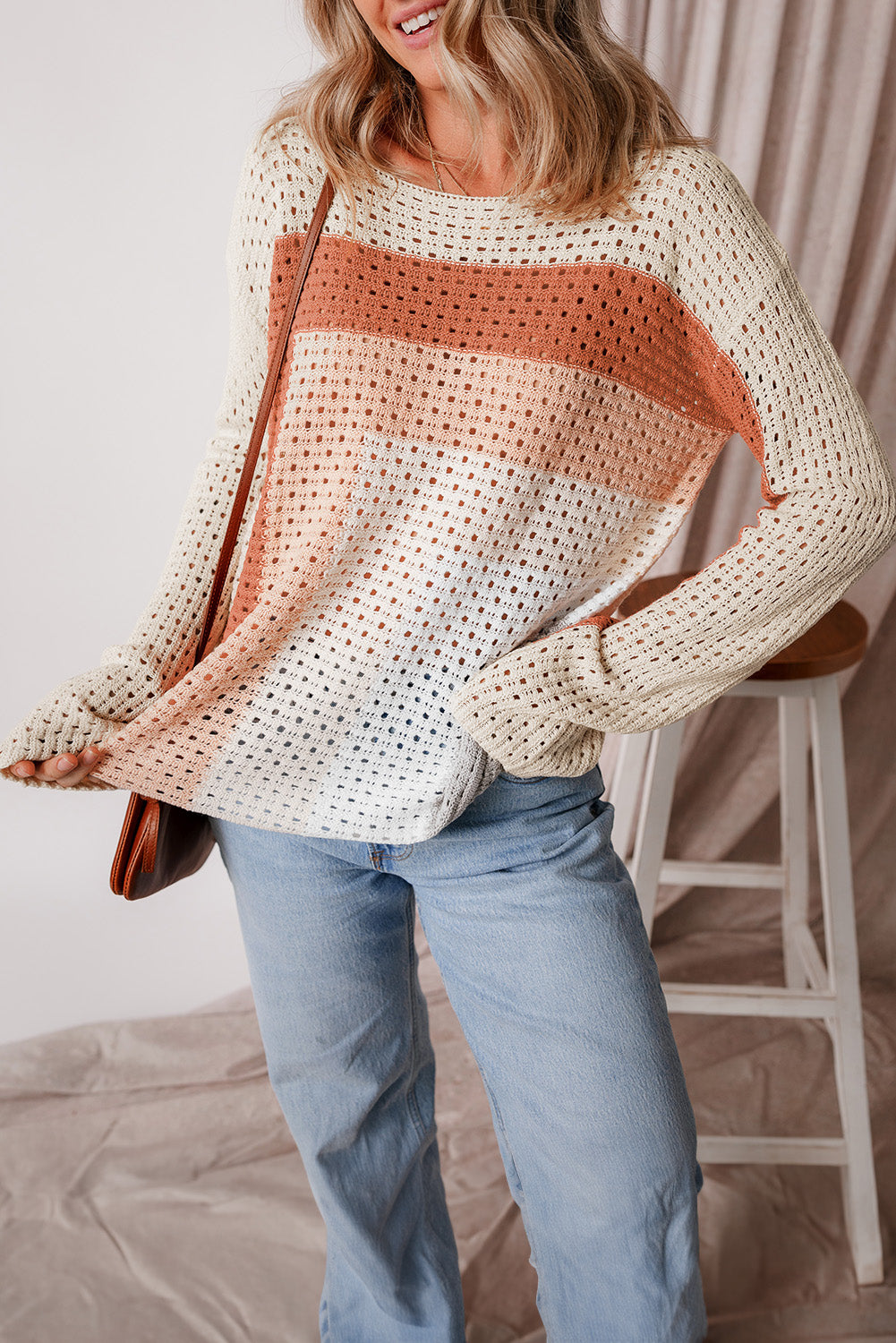 Pointelle Knit Colourblock Baggy Sweater | Apricot