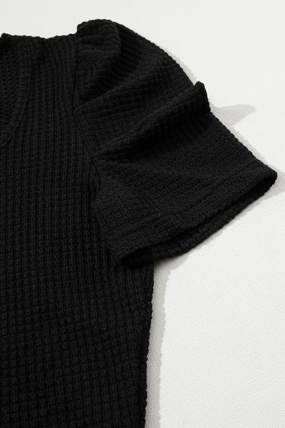 Waffle Knit Ruched Puff Sleeve Top | Black