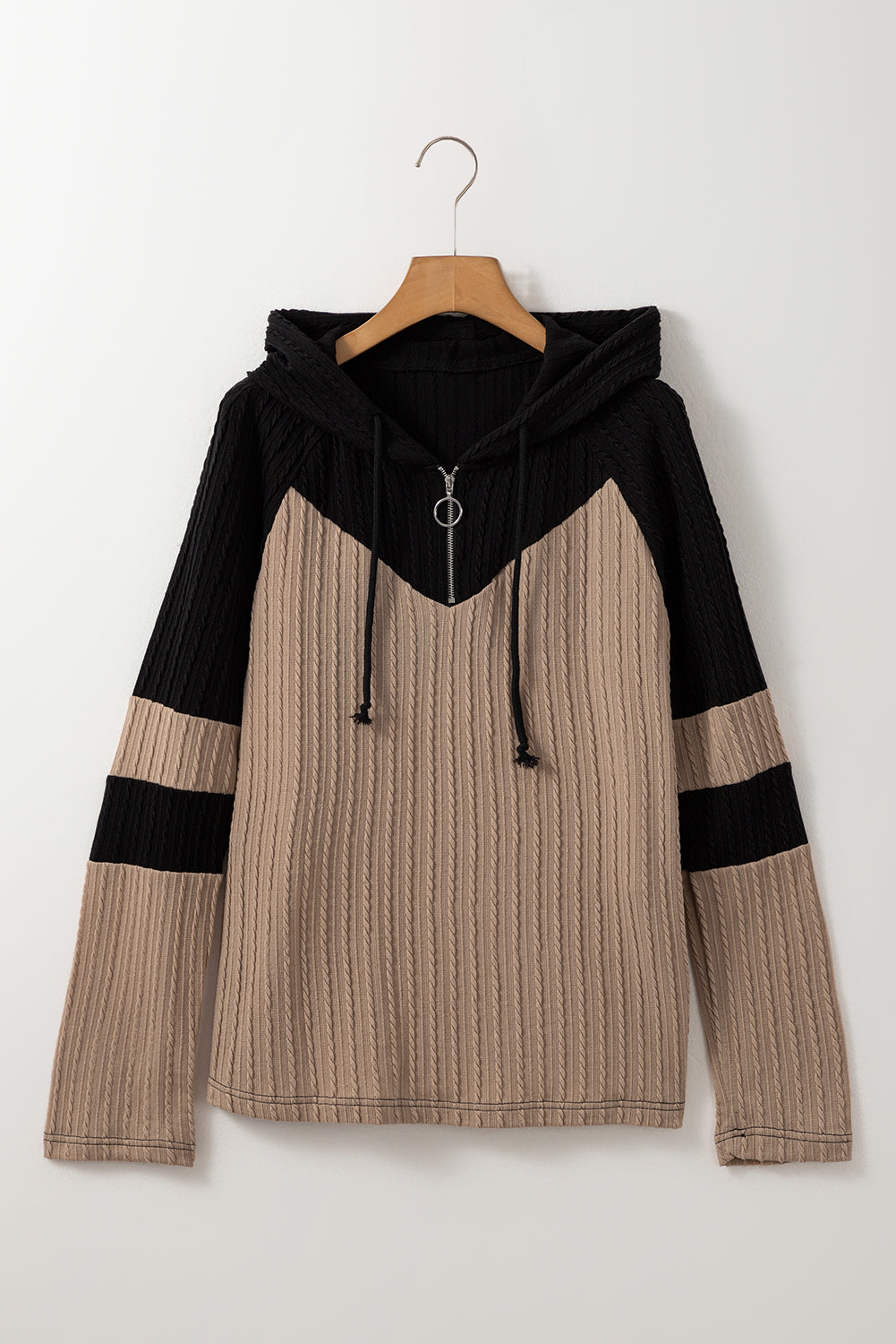 Textured Colourblock Long Sleeve Quarter Zip Drawstring Hooded Top | Parchment