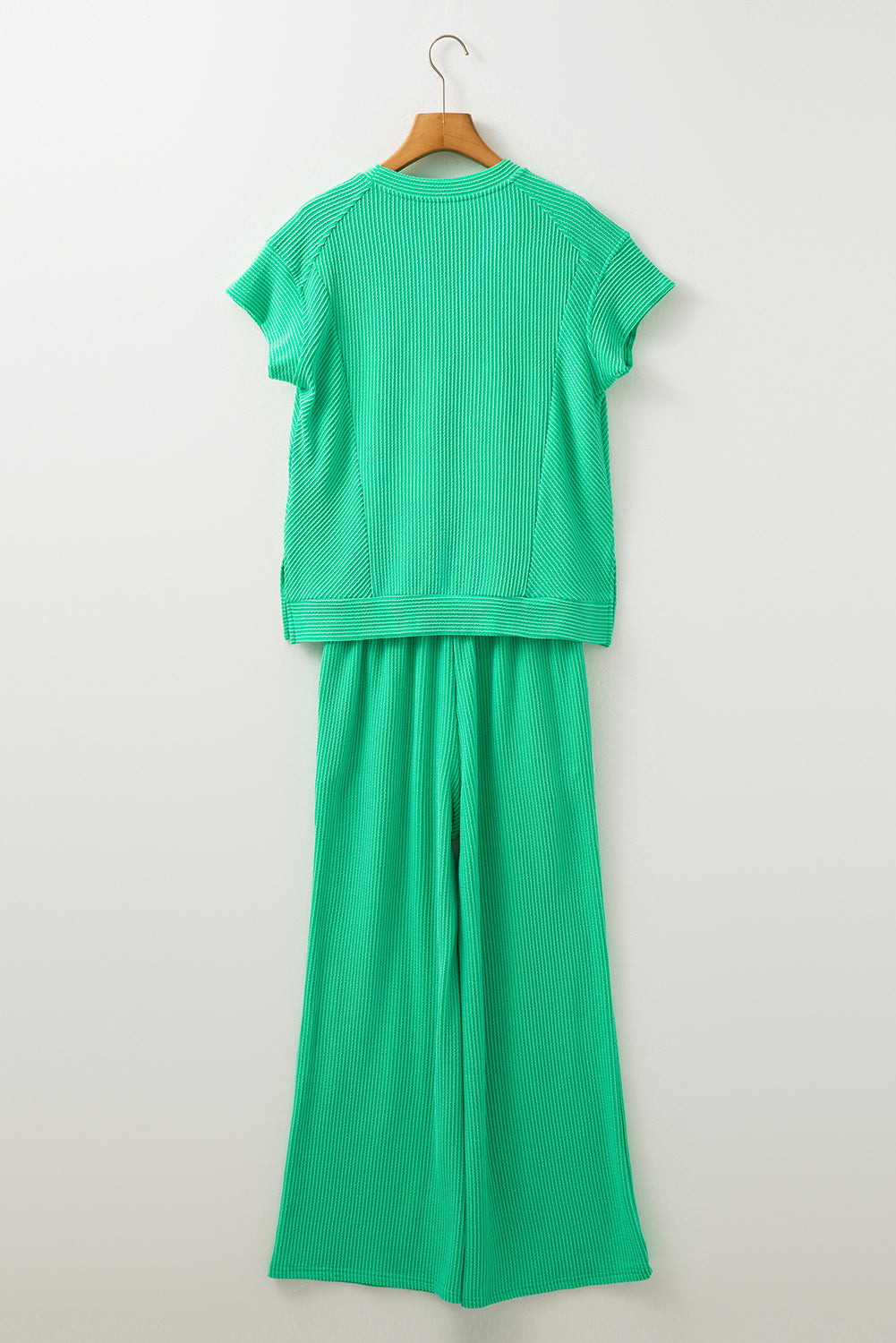 Solid Corded Knit Short Sleeve T Shirt And Wide Leg Pants Set | Bright Green