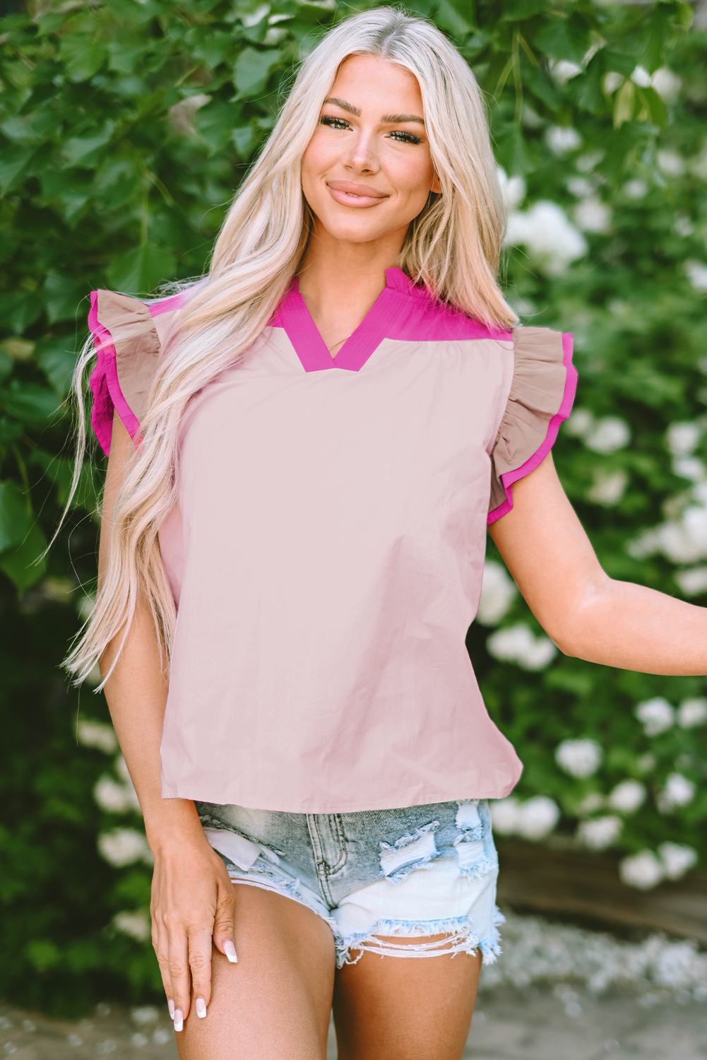 Colourblock Ruffled Sleeve Frill V Neck Blouse | Pink