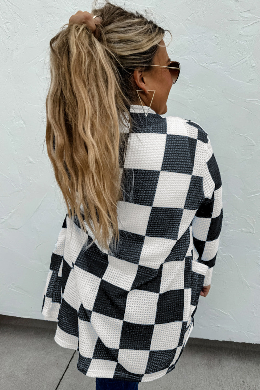 Checkered Waffle Knit Thumbhole Open Front Cardigan | Black