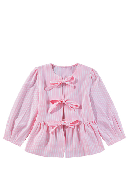 Bowknot Front Crew Neck Puff Sleeve Blouse | Pink Stripe