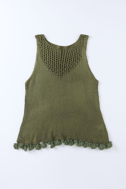 Tasseled Crochet Hollow-Out Knit Tank | Green