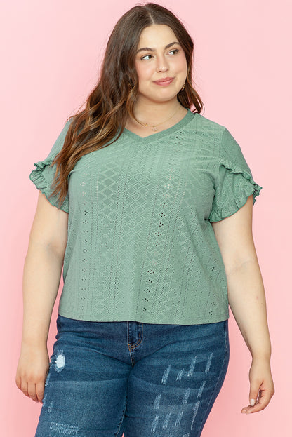 Petal Sleeve Jacquard V Neck Curvy Blouse | Laurel Green