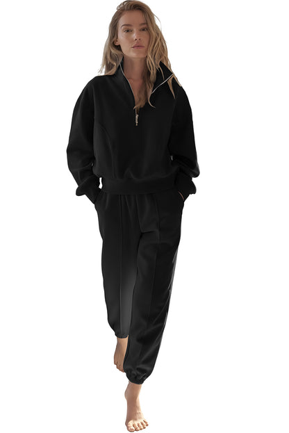 Half Zip Up Pullover Active Top And Joggers Set | Black