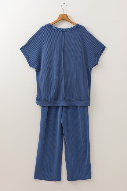 Ribbed V Neck Tee And Pants Plus Size Set | Sail Blue