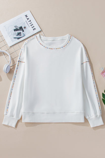 Contrast Rainbow Trim Drop Shoulder Pullover Sweatshirt | White