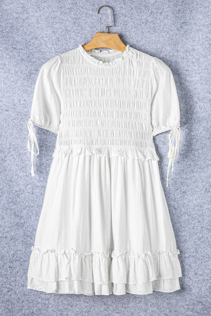 Tie Short Sleeves Smocked Ruffle Mini Dress | White