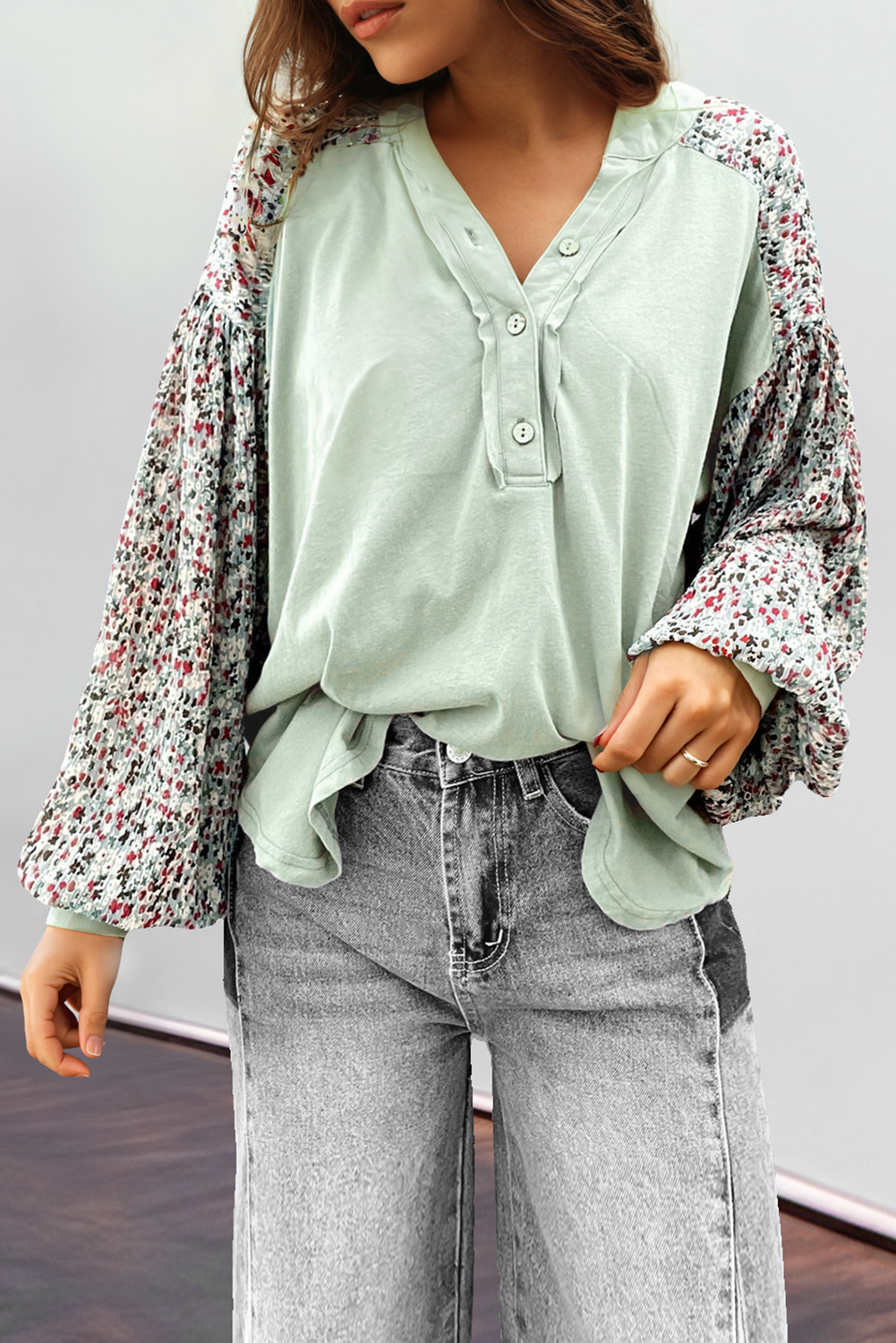 Contrast Printed Bubble Sleeve Henley Loose Top With Slits | Meadow Mist Green