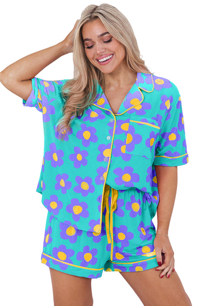 Flower Print Short Sleeve Shirt Pajamas Set | Green