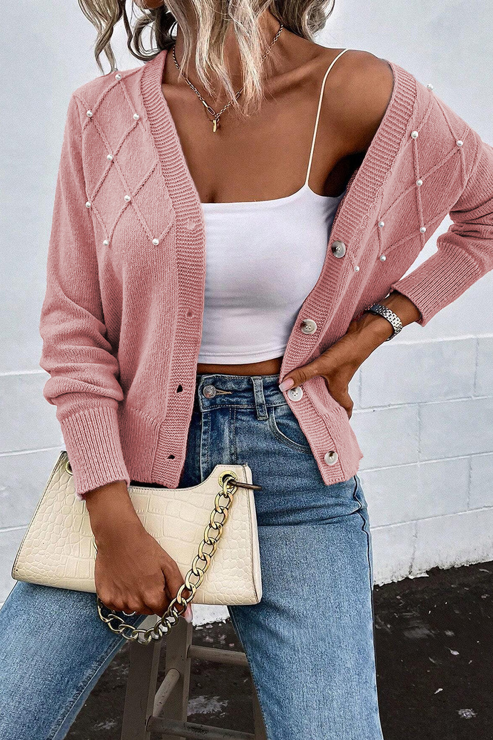 Textured Knit Pearl Beaded Button Up Cardigan | Sepia Rose