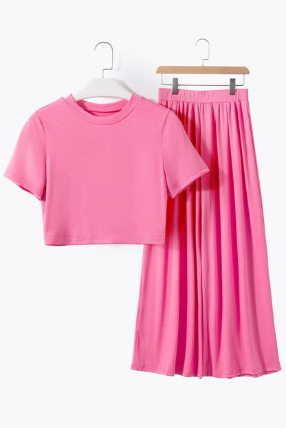 Slim Fit Crop Top And Pleated Wide Leg Pants Set | Strawberry Pink