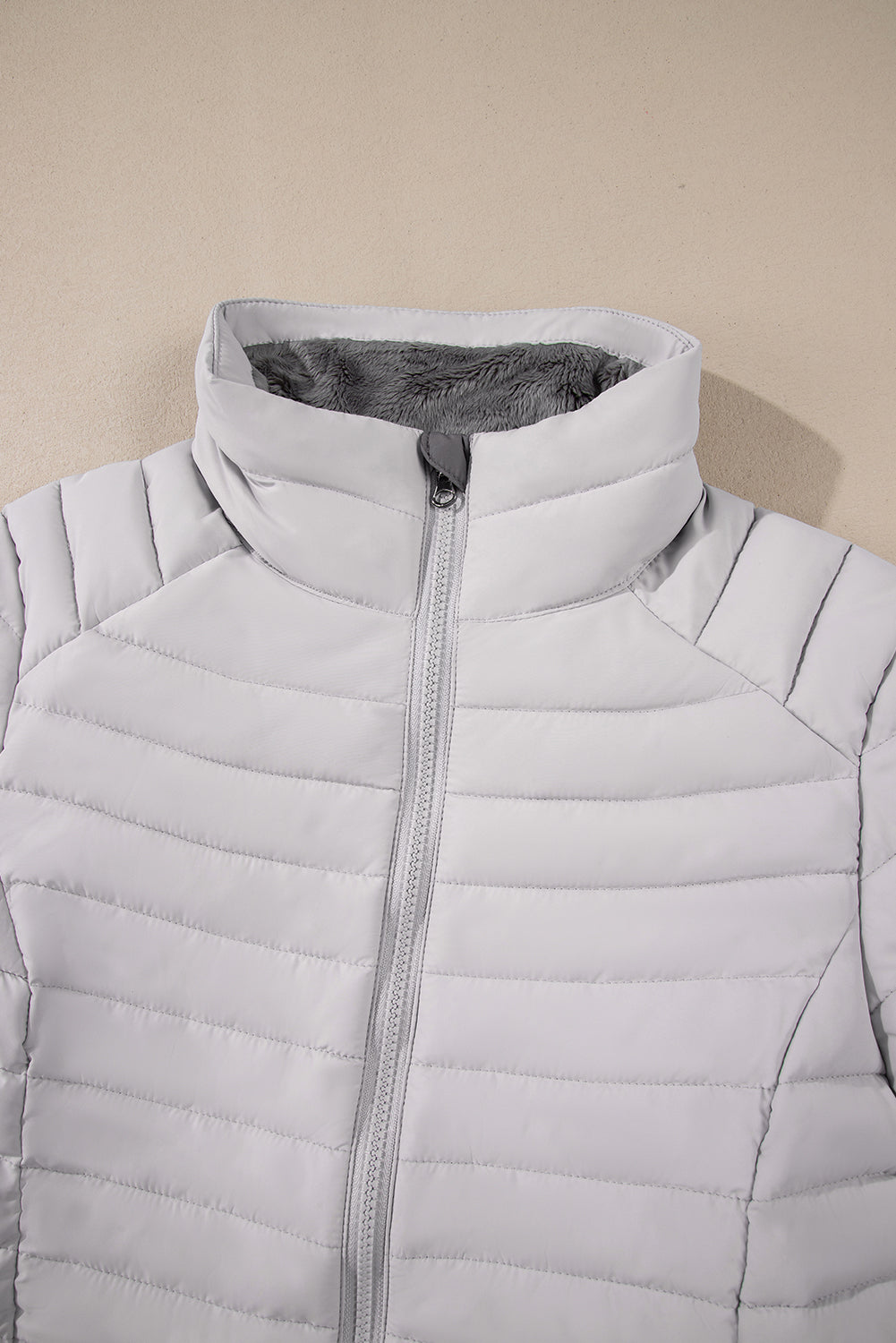 Solid Colour Quilted Zip-Up Puffer Jacket | Silvery